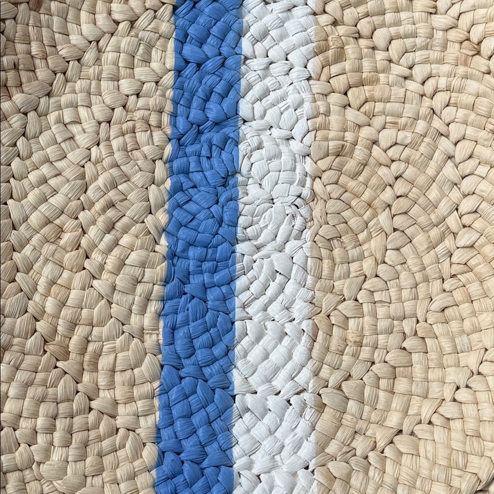 Vineyard Vines Woven Straw Round Tote Natural w/Deep Bay Sky Blue & White Stripe - Picture 5 of 8